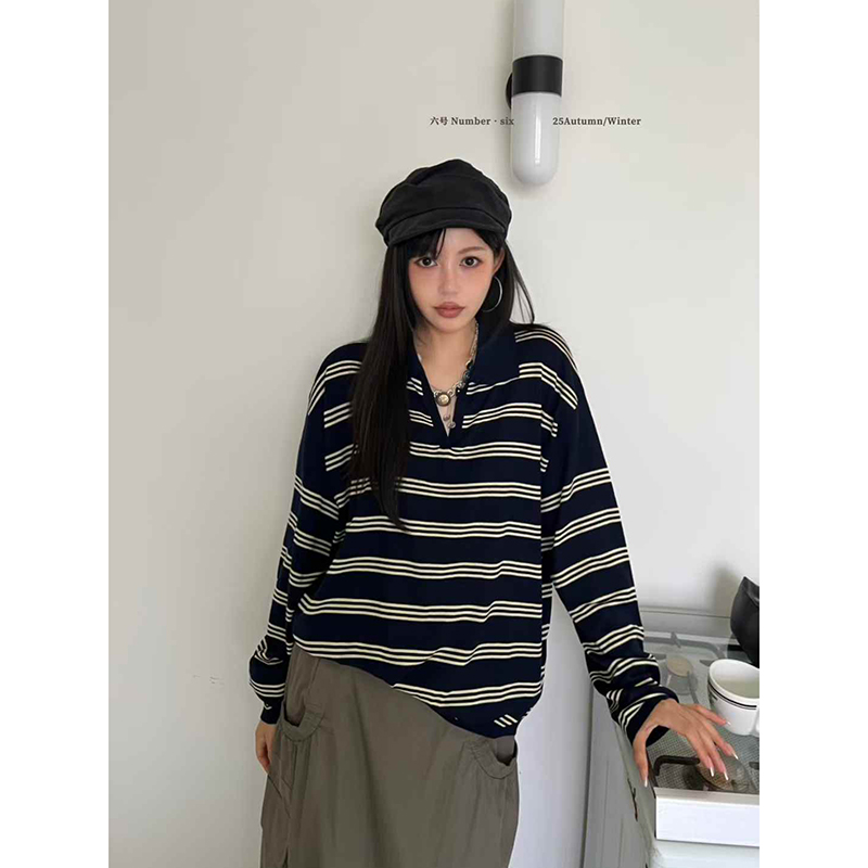 polo羊毛条纹针织衫翻领毛织上衣