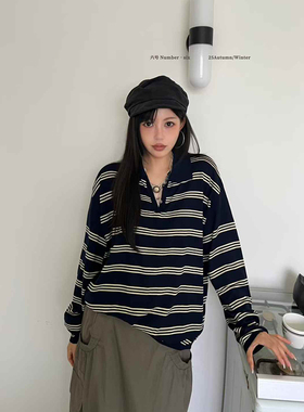 杨黑黑韩版polo羊毛条纹针织衫 2025早秋新款 套头翻领毛织上衣女