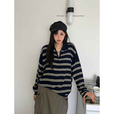 polo羊毛条纹针织衫翻领毛织上衣