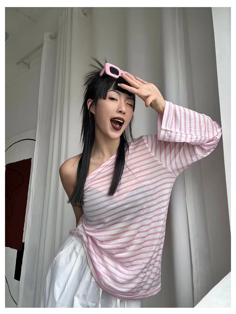 条纹长袖T恤女撞色露肩防晒上衣