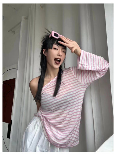 条纹长袖T恤女撞色露肩防晒上衣