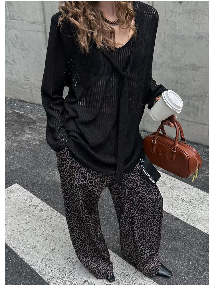 飘带镂空宽松V领针织衫女