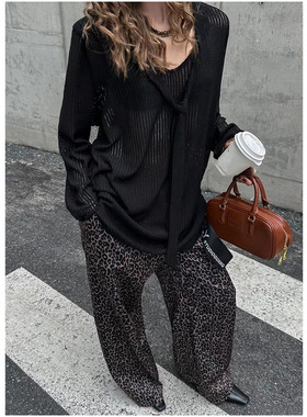 杨黑黑飘带镂空宽松V领针织衫女秋季新款高级感套头长袖防晒上衣