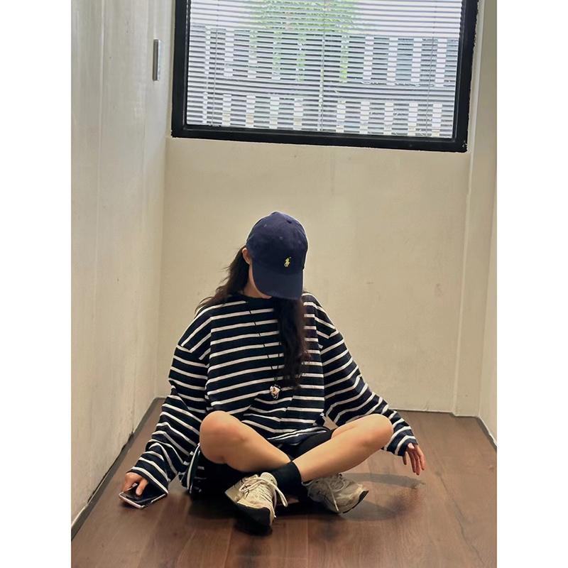 圆领条纹棉T恤女秋长袖休闲上衣