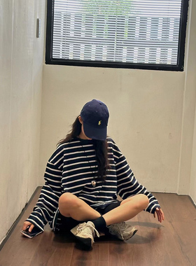 杨黑黑慵懒风圆领条纹棉T恤女秋季新款国潮撞色宽松长袖休闲上衣