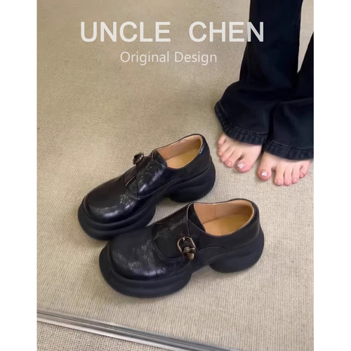 羊皮版~英伦风厚底圆头皮带扣乐福鞋女黑色通勤单鞋小个子小皮鞋