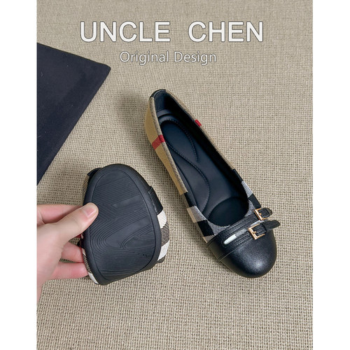 蘑糯糯同款~复古圆头浅口单鞋女一脚蹬格纹玛丽珍通勤大码平底鞋
