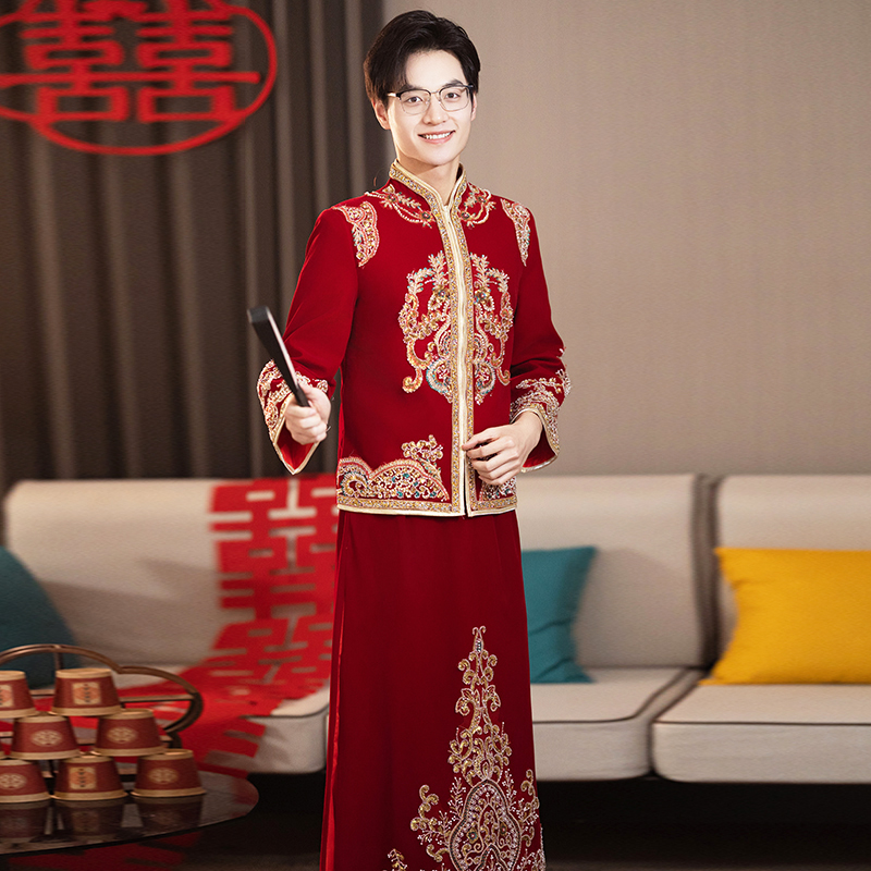 新郎装男士结婚秀禾服2025新款中式复古结婚礼服丝绒冬龙凤褂大码