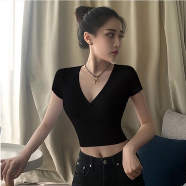 夏季显胸性感深V领低胸短袖T恤女紧身露脐短款高腰上衣跳舞健身