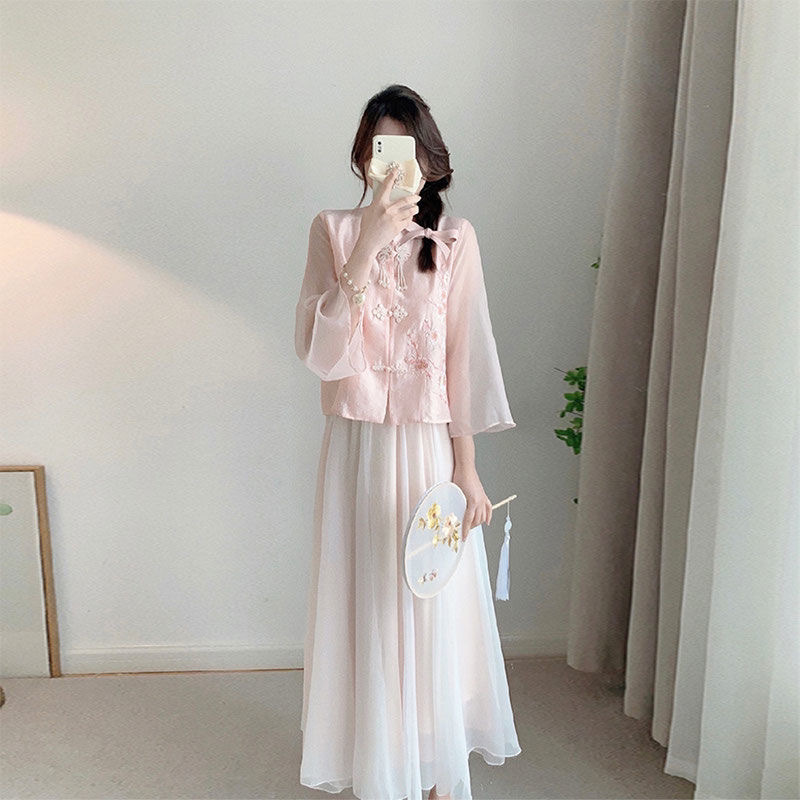 夏季新款唐装中国风新中式改良汉服女装粉色衬衫连衣裙子两件
