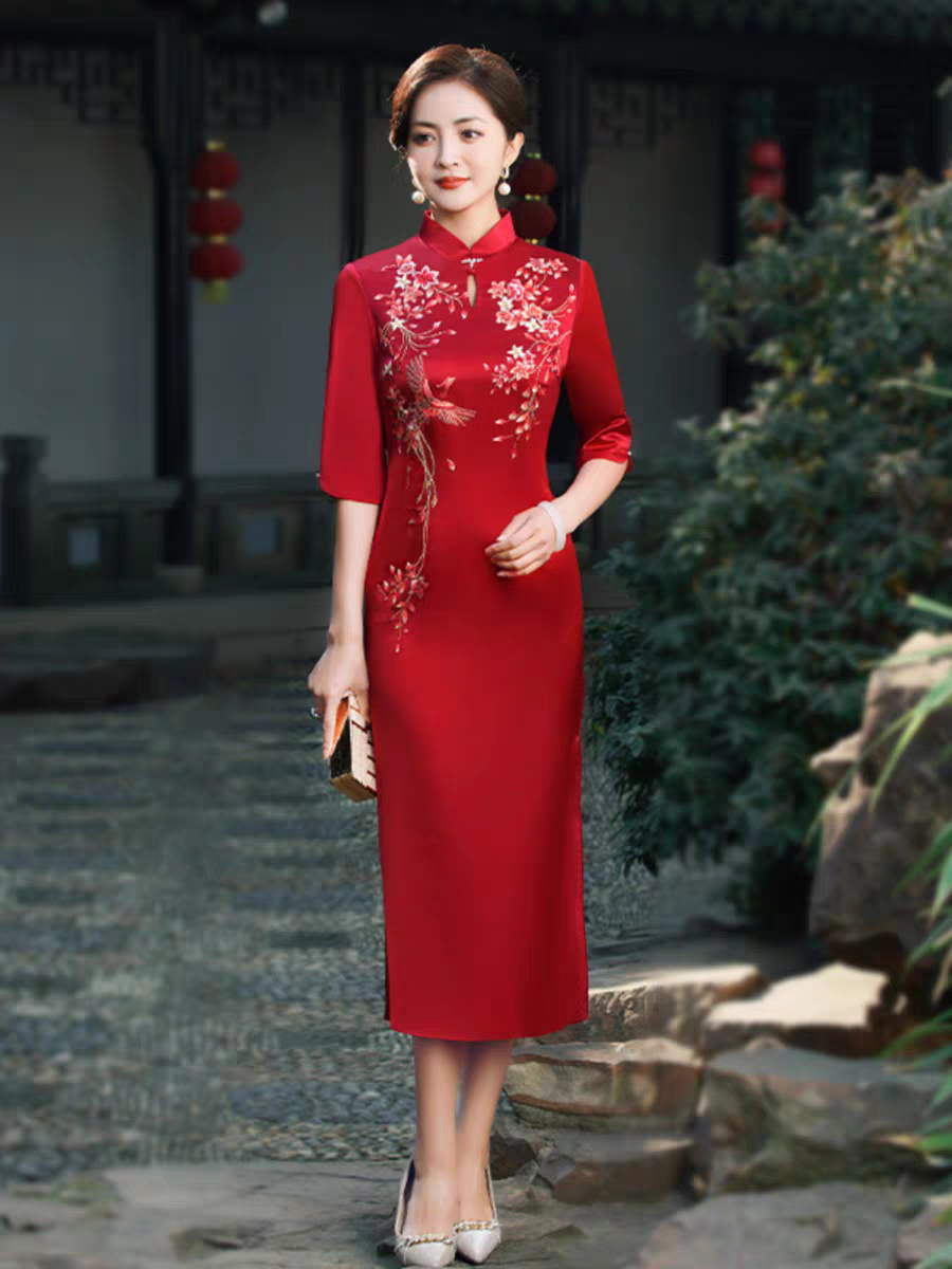 春夏款气质醋酸绣花旗袍嫁女儿喜旗袍