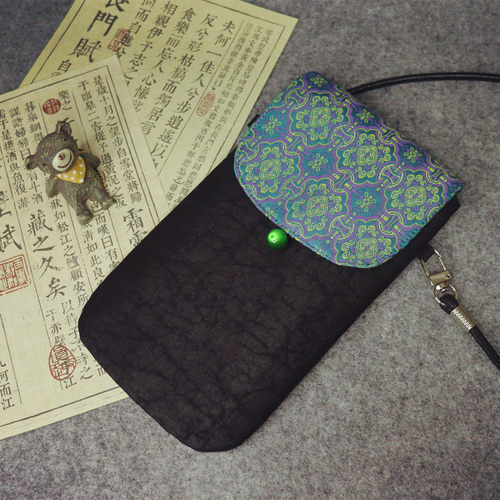 手工自制古风织金宋锦手机袋非遗花纹黑龟香云纱斜跨竖版小包包
