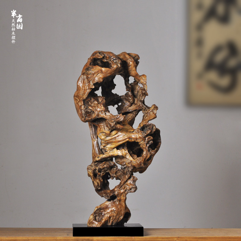 天然枯木随形大理石底座根雕 茶室会所软装饰工艺品 侘寂文玩摆件