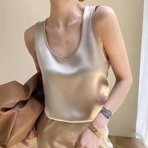 南油春夏新款高品质醋酸锻垂坠感抗皱U领无袖背心百搭显瘦