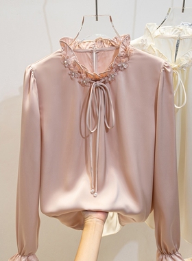 2025新款木耳花边立领系带白色衬衫女光泽感缎面打底长袖气质上衣