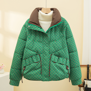 休闲保暖棉袄短款 千鸟格羽绒棉衣女冬季 时尚 韩版 保暖棉服外套 新款