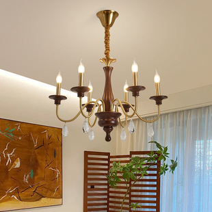 楼灯实木蜡烛吊灯 洋房别墅客厅复式 美式 复古卧室吊灯大厅主灯法式