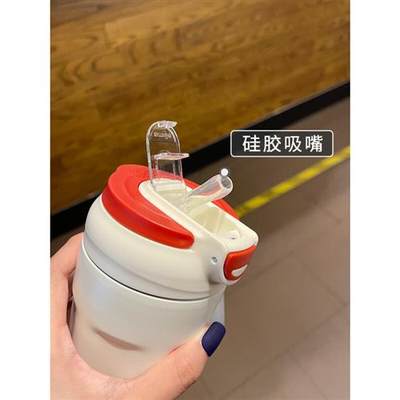 梓胜 双饮保温杯女士高颜值吸管杯便携咖啡随行简约不锈钢保温杯