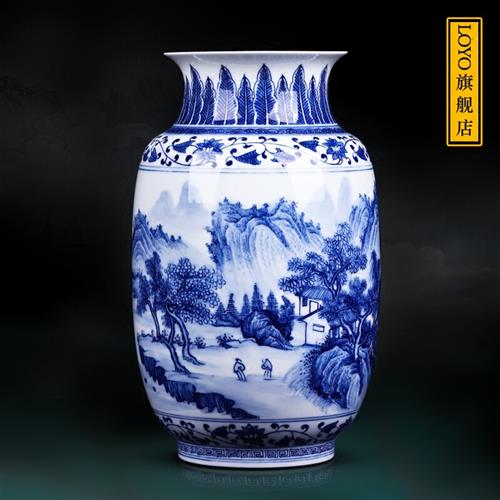 loyo景德镇陶瓷器手绘山水青花瓷花瓶薄胎瓷新中式家居客厅装饰摆