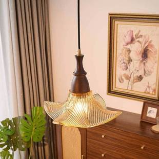 中古餐厅吧台吊灯法式 岛台灯具卧室床头彩色玻璃实木复古吊灯 美式