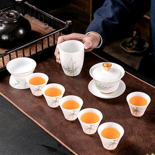 fw高档羊脂玉瓷素烧茶具套装 家用客厅办公室泡茶杯白瓷盖碗茶杯公