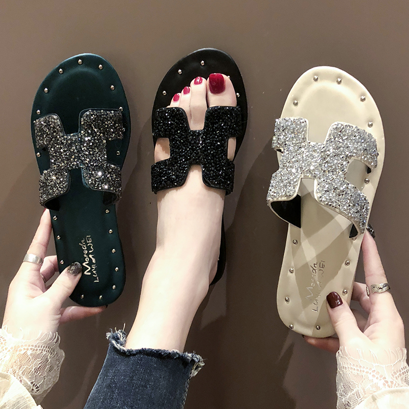 Korean Edition 2021 summer new pattern fashion slipper Rhinestone Harbor Wind Flat bottom Word tow Sandy beach Sandalsin the Women's Shoes, slipper, Word tow category - from Buy2taobao.com to provide professional Taobao agent buy service