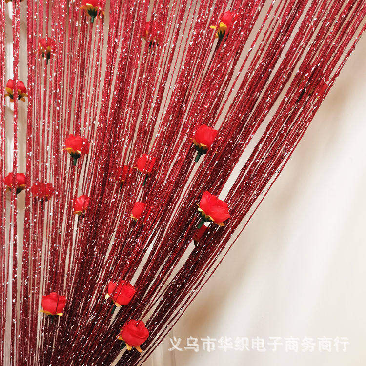 简约现代银丝玫瑰花线帘卧室房门阳台装饰流苏隔断帘子免打孔窗帘