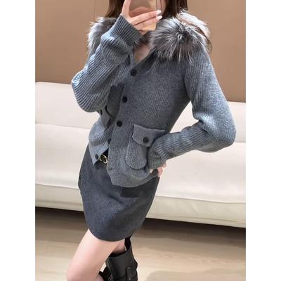 【高品质】markgon狐狸毛可拆卸毛领修身显瘦羊毛针织开衫上衣