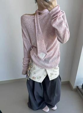【随意对比】medium露肩飘带设计感针织衫well轻薄宽松T恤上衣