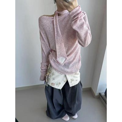 【随意对比】medium露肩飘带设计感针织衫well轻薄宽松T恤上衣