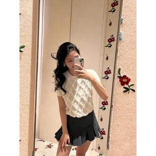 【zui高品质】SHUSHU亮片珠花蕾丝花边菱形格针织短袖上衣女sst