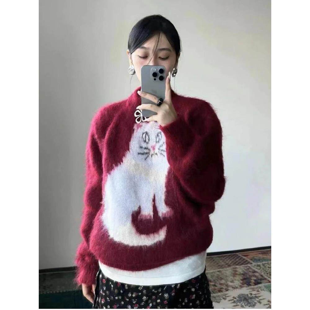 【zui高品质】shushu甜美减龄可爱猫咪图案套头毛衣女针织上衣sst
