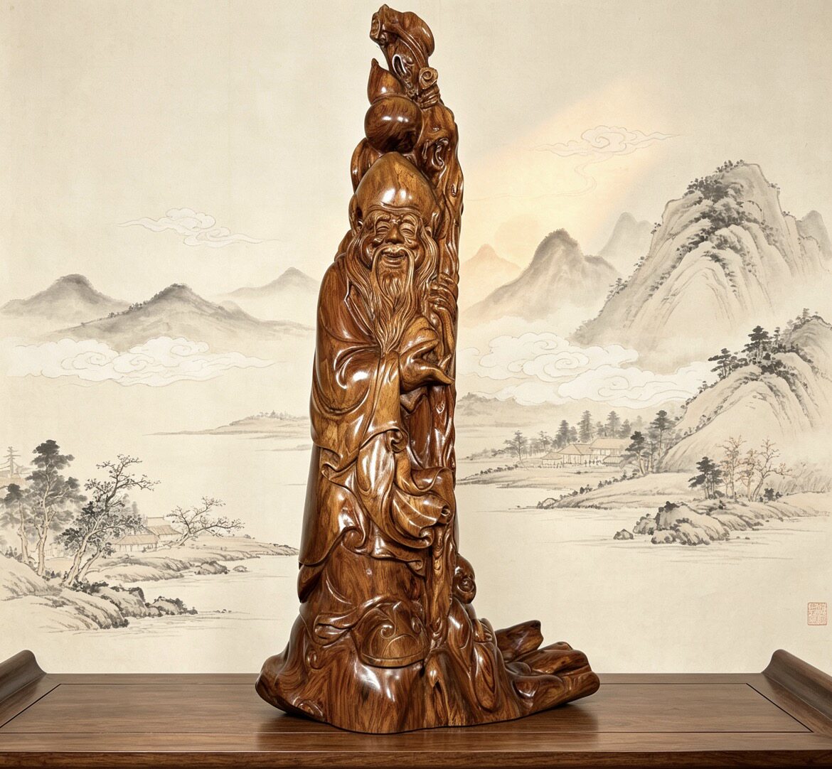 正宗海南黄花梨福禄寿星公油梨老料摆件手工圆雕寿桃仙翁招财红木