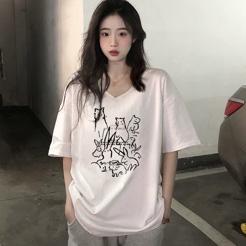 正肩短袖t恤女白色大码v领上衣