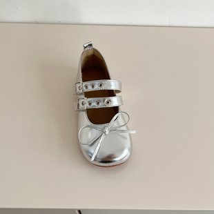 2024夏季款森系风鞋子女大童公主鞋小皮鞋银色儿童船鞋玛丽珍单鞋