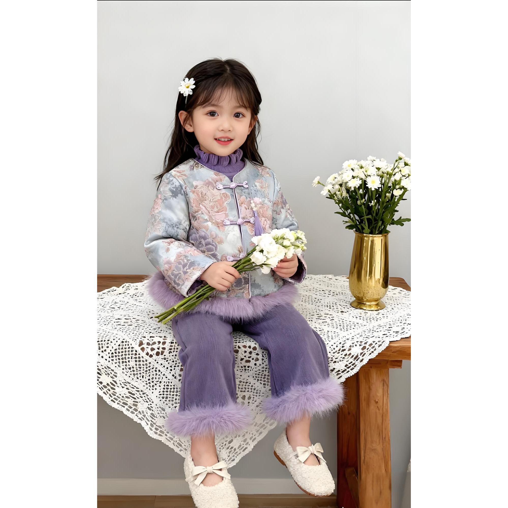 2025女童国风外套加绒微喇叭裤冬季中式盘扣背心加厚两件套