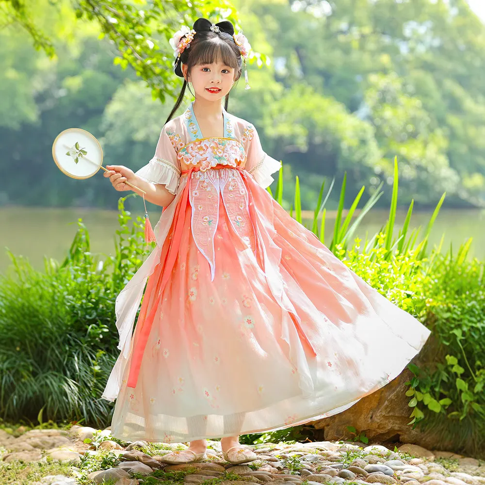汉服女童2025夏季新款儿童古装超仙中国风绝美女孩日常短袖连衣裙