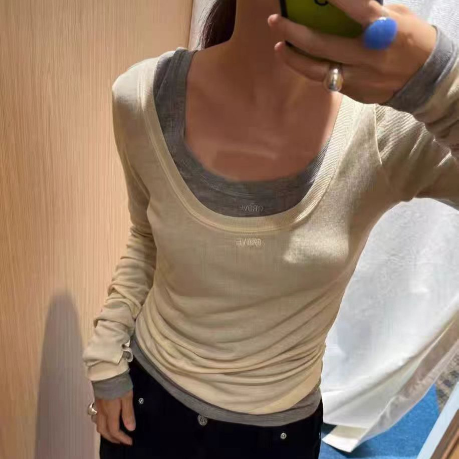 ~~~~~韩国小众 25新款 简约U领微透修身长袖打底衫叠穿上衣
