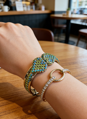 双心春天气息弹簧开合硬性满钻手镯[欧美复古独家孤品/满100包邮]