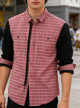 5CM男装格子衬衫长袖拉链衬衣库存纯棉180/L码商务通勤百搭时尚