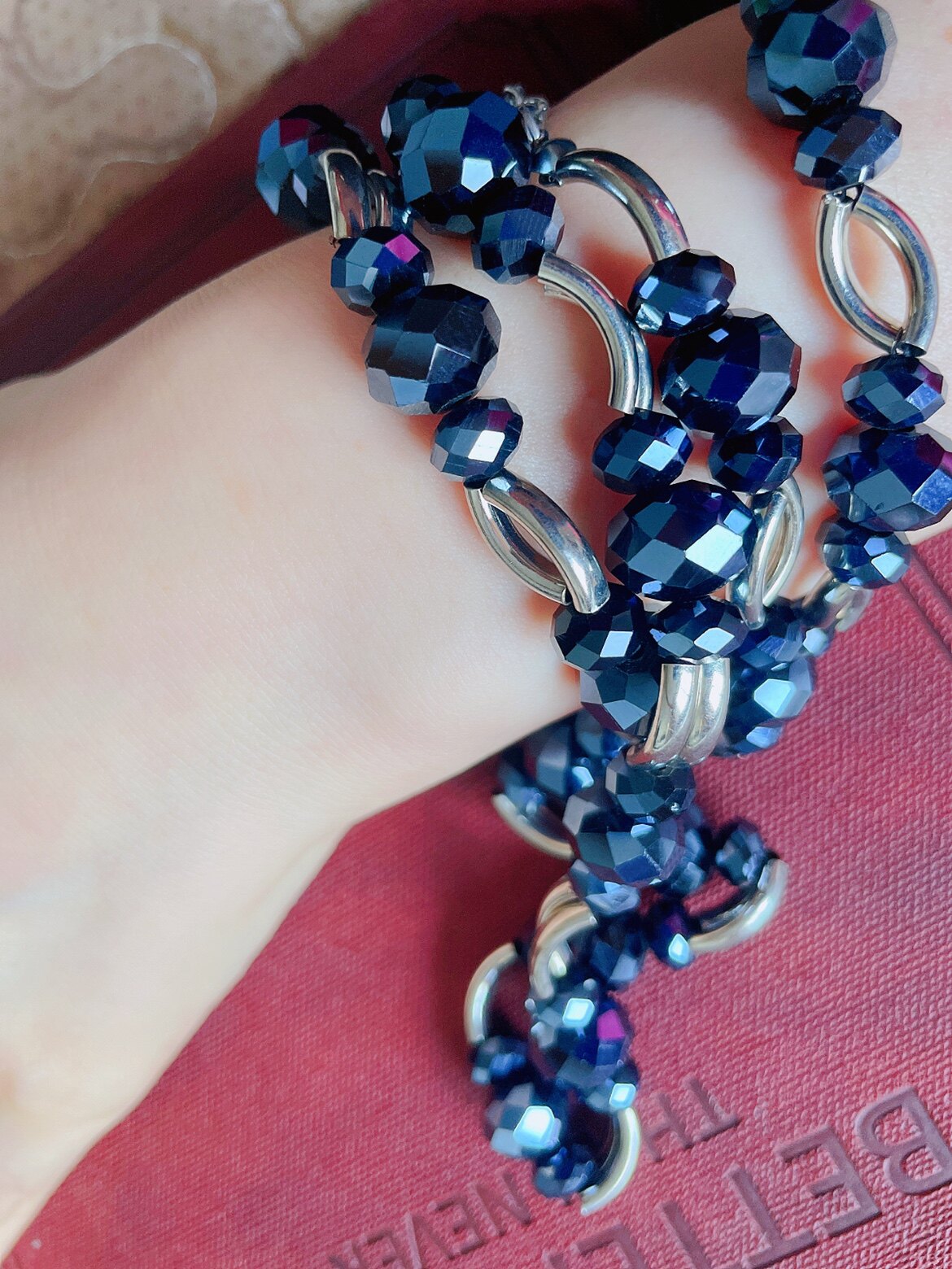 深蓝琉璃水晶珠质感长款毛衣链长链好搭配【满百包邮/欧美高品】