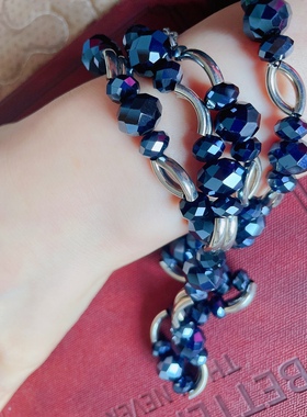 深蓝琉璃水晶珠质感长款毛衣链长链好搭配【满百包邮/欧美高品】