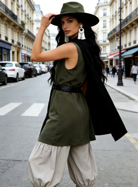 不易挂丝不易皱加厚100%桑蚕丝纯真丝军绿色长马甲马夹双排扣翻领