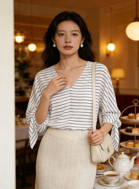 Massimodutt*i 简洁通勤V领条纹衬衫女衬衣宽松袖口设计系带特价