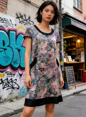 100%桑蚕丝纯真丝修身中长款花色连衣裙有口袋孤品独件单层不透