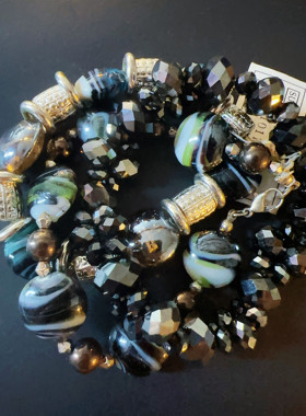 中古vintage复古宫廷风黑金琉璃水晶串珠手链手串三件一套可分开