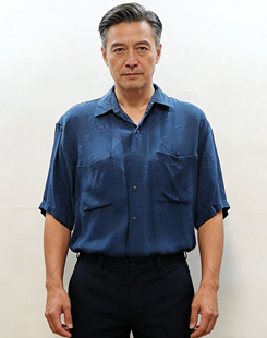 通体立体机绣暗花桑蚕丝短袖衬衫男中年休闲翻领真丝男装衬衣蓝色