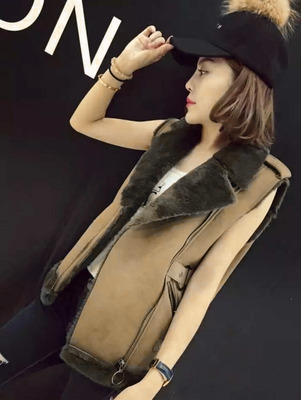 鹿皮翻领机车无袖坎肩女款长马甲