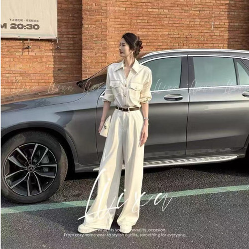 2026气质复古牛仔衬衫阔腿长裤套装女新款高级感衬衣裤子两件套