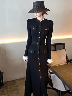 黑色圆领千金风修身弹力针织裙子2025新款鱼尾长款连衣裙